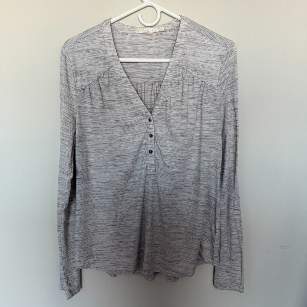 PrAna Womens Henley Top Large Gray Heathered Long Sleeve Boho Minimal Casual